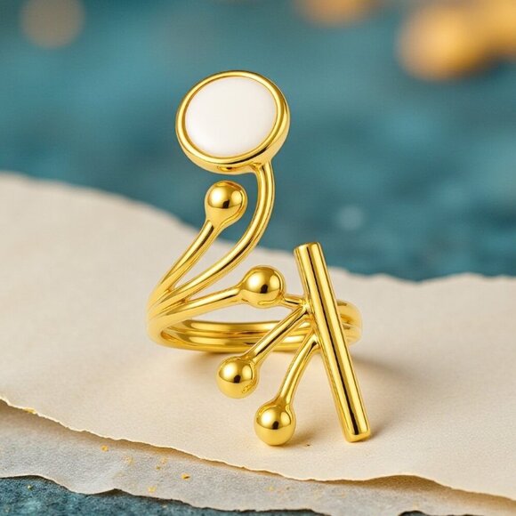🆕Boho Chic Cocktail Ring 18K Gold Plated Brass With Glass Pearl Adjustable - Picture 7 of 13